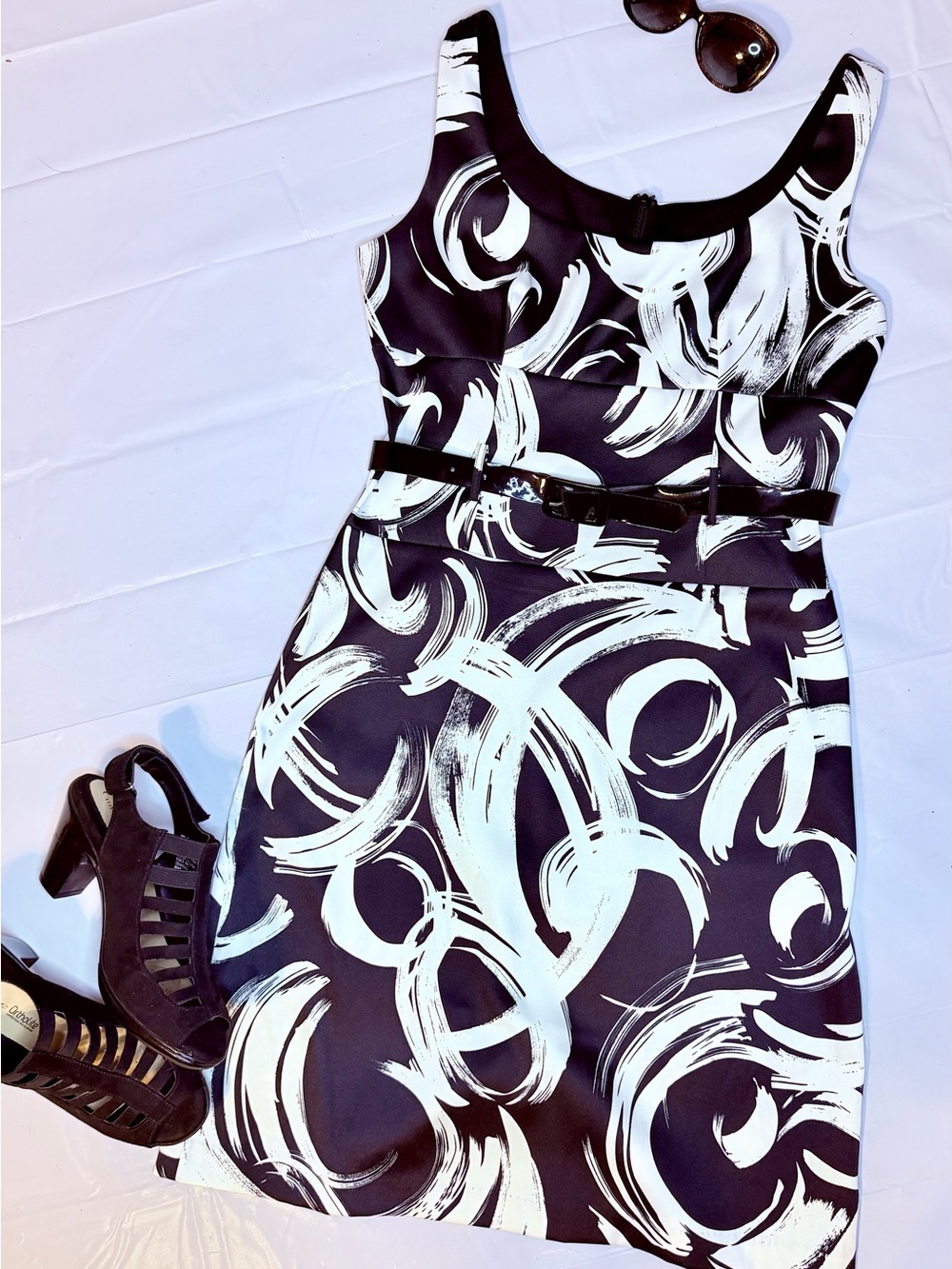 Maurices Black & White Swirl Belted Midi Dress